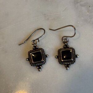 Silver tone and black enamel dangle earrings